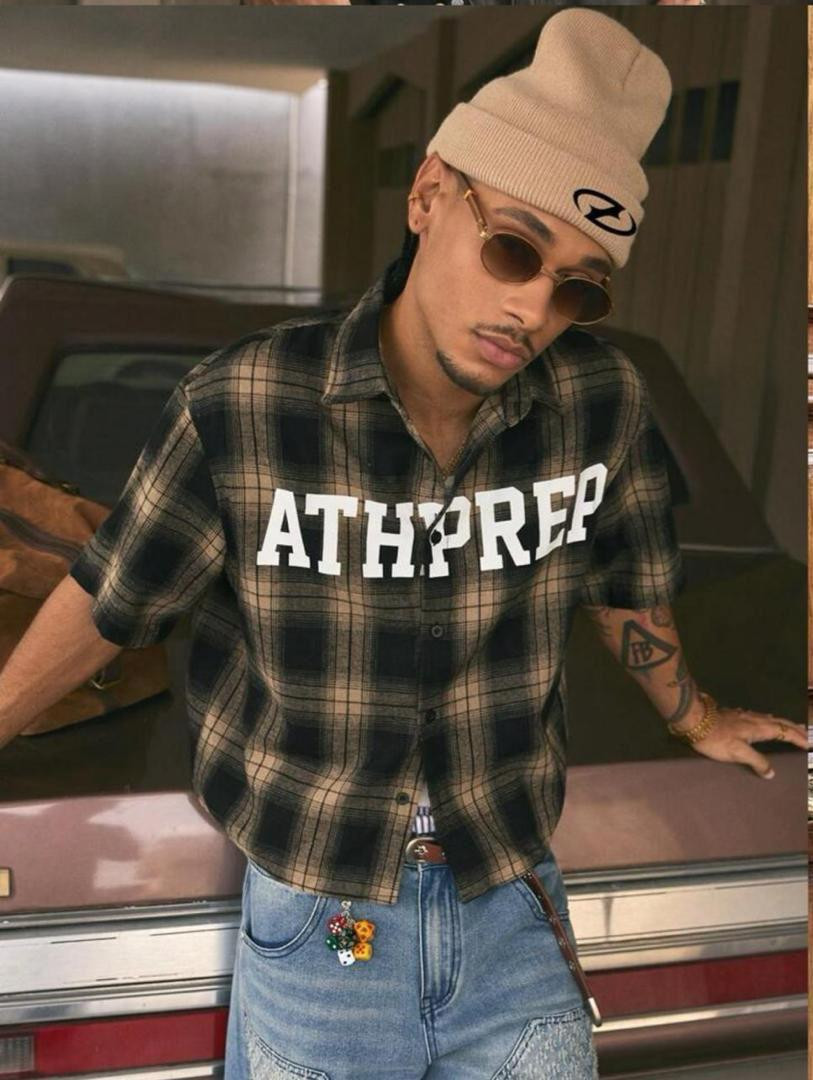 Plaid Button-Up Shirt - Black and White, Short Sleeve, Cropped